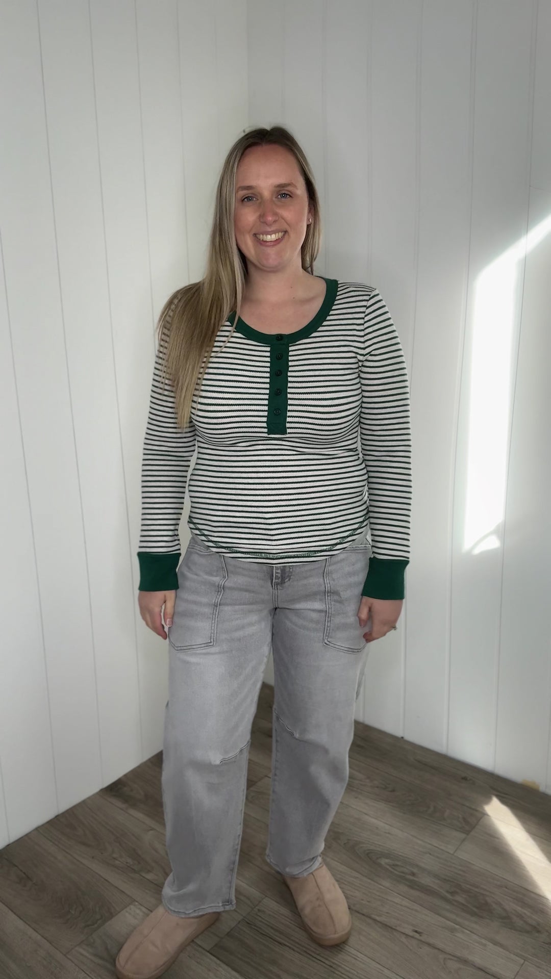 Aurora Waffle Henley Long Sleeve- GREEN/OATMEAL