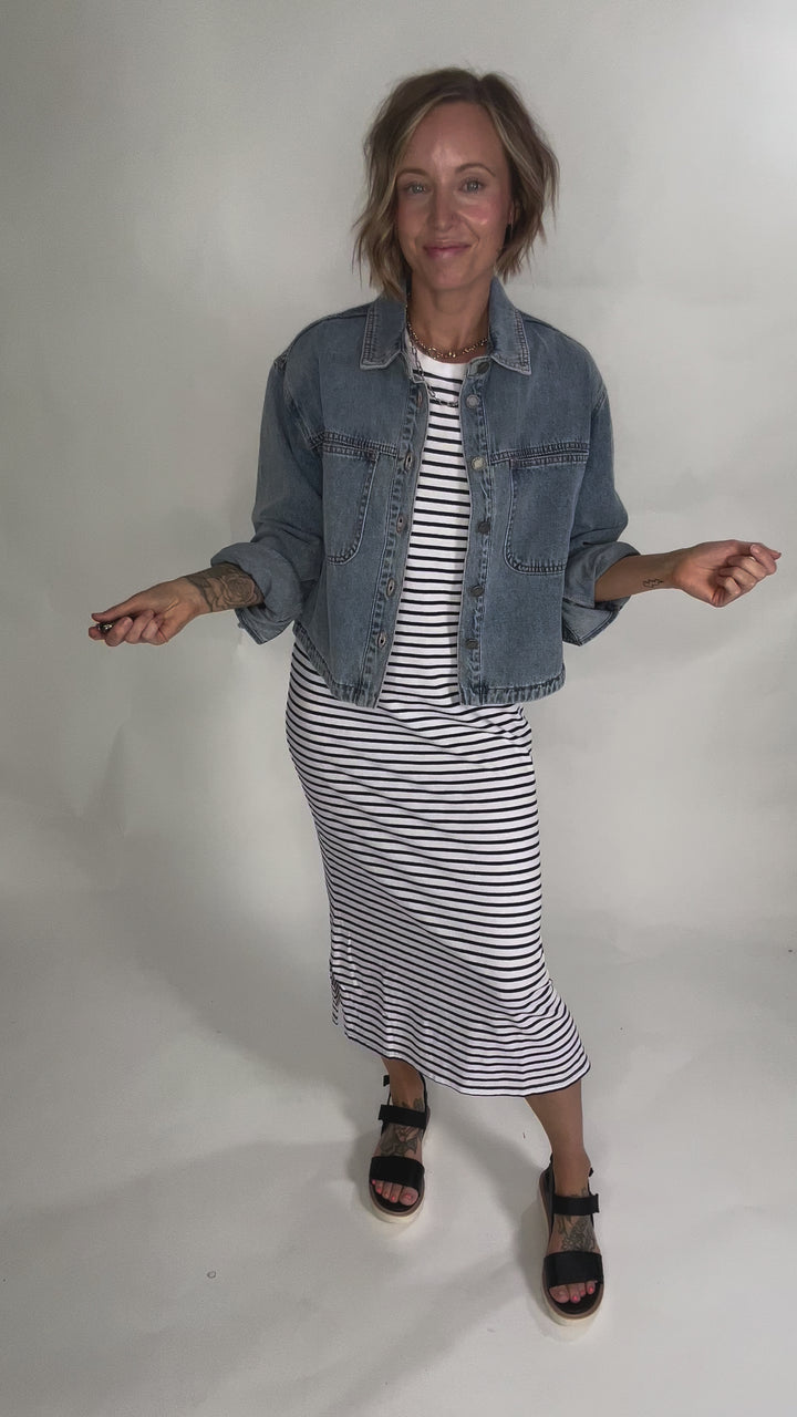 MONO B Ferdi Coastal Cotton Striped Tre Dress- WHITE/NAVY-FINAL SALE