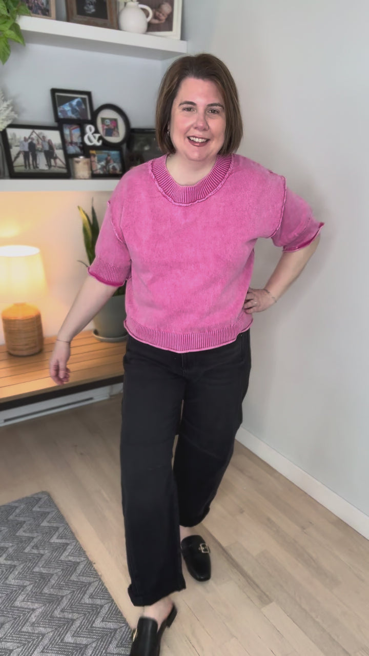 Anabella Washed 1/2 Sleeve Sweater- HOT PINK