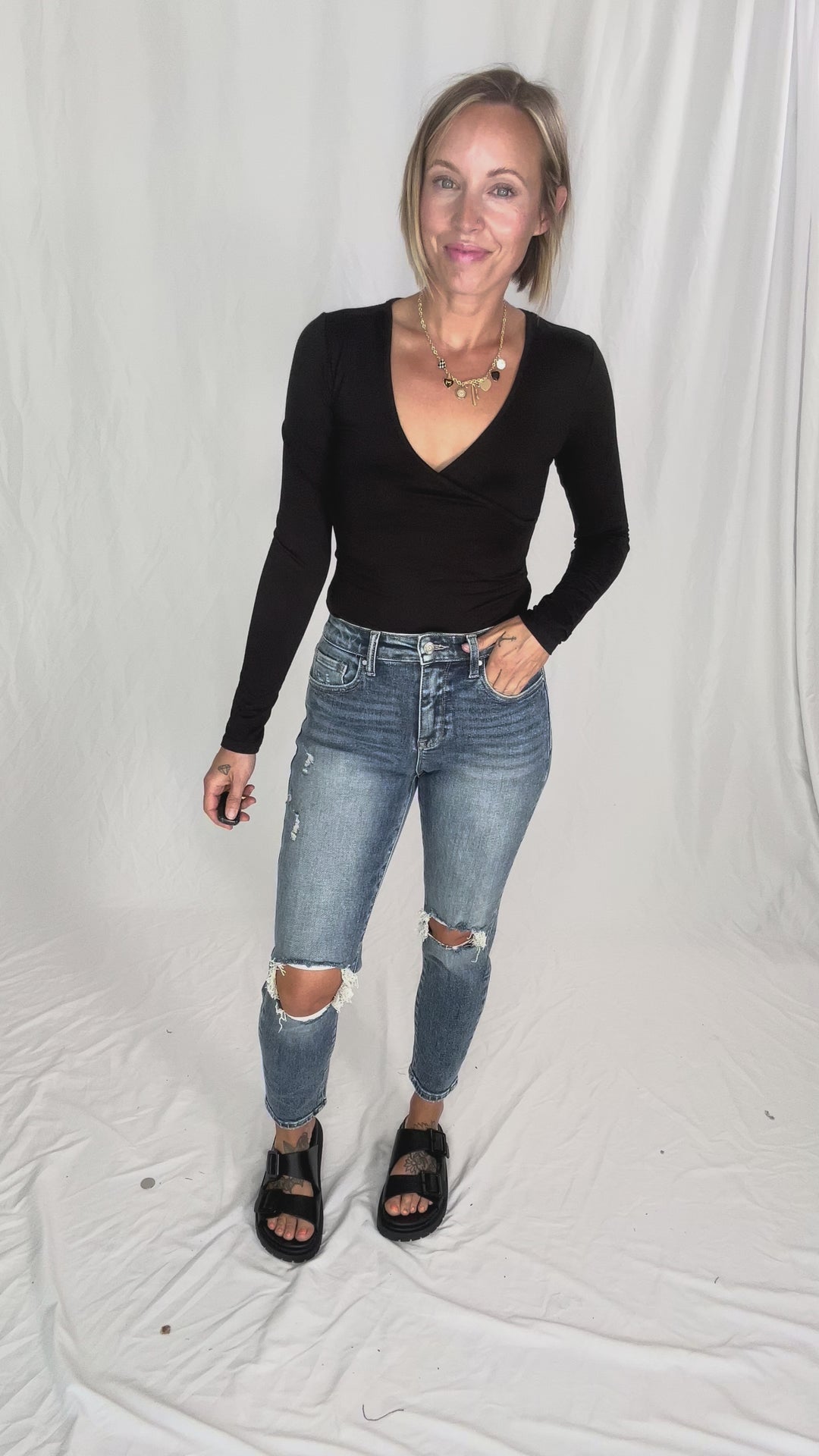 Nicole Surplice Long Sleeve Bodysuit- BLACK