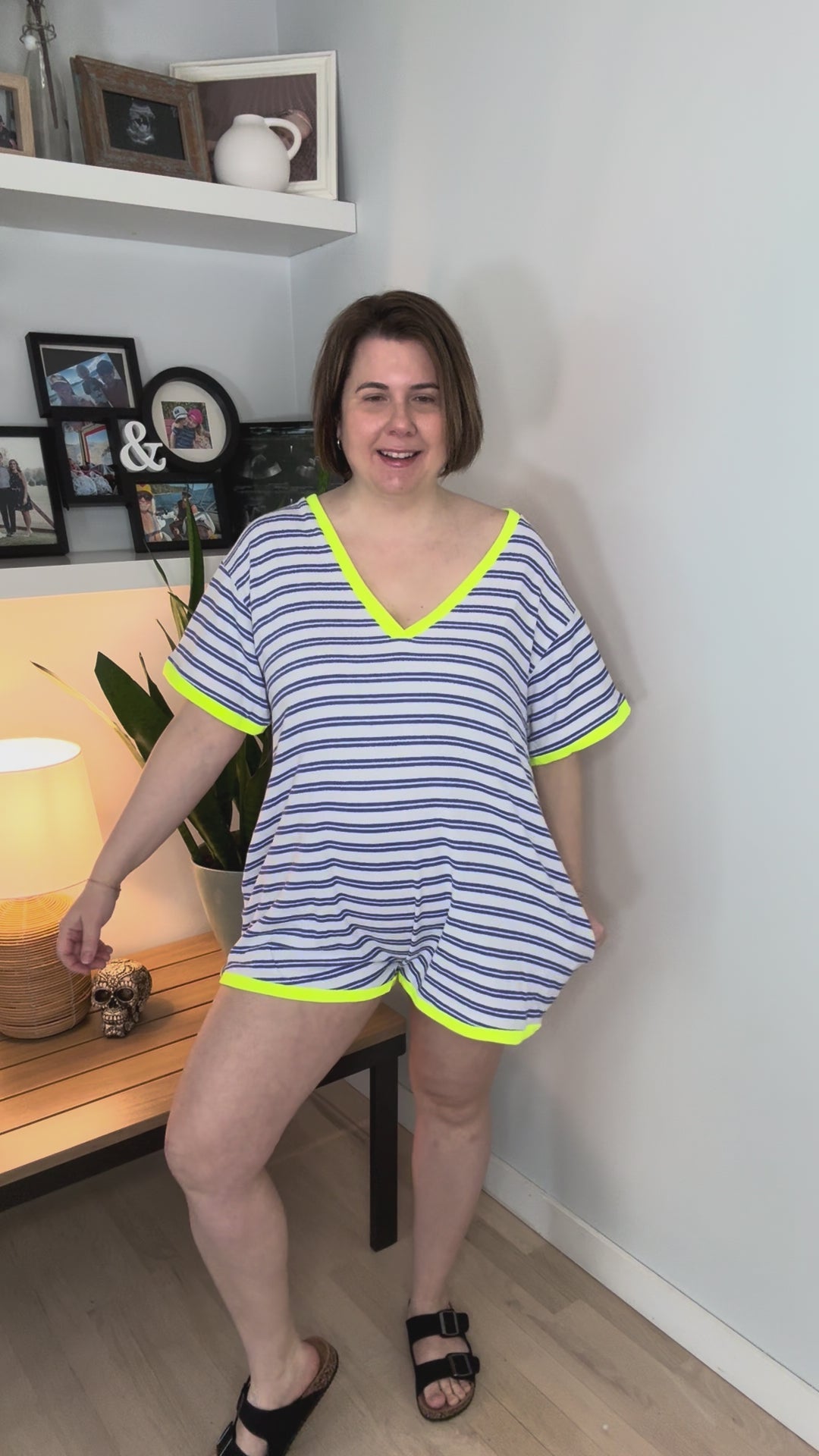 Oakley Striped Terry V-Neck Romper- BLUE/YELLOW