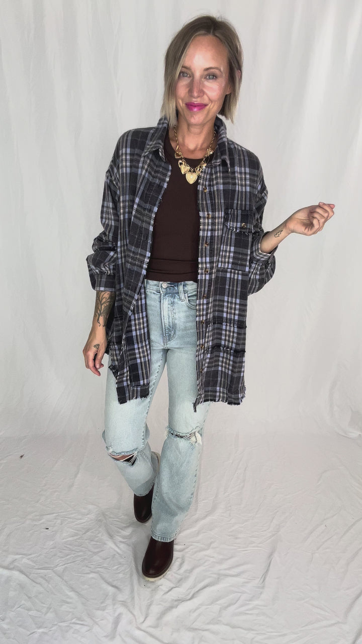Felix Oversized Plaid Button Shacket- NAVY