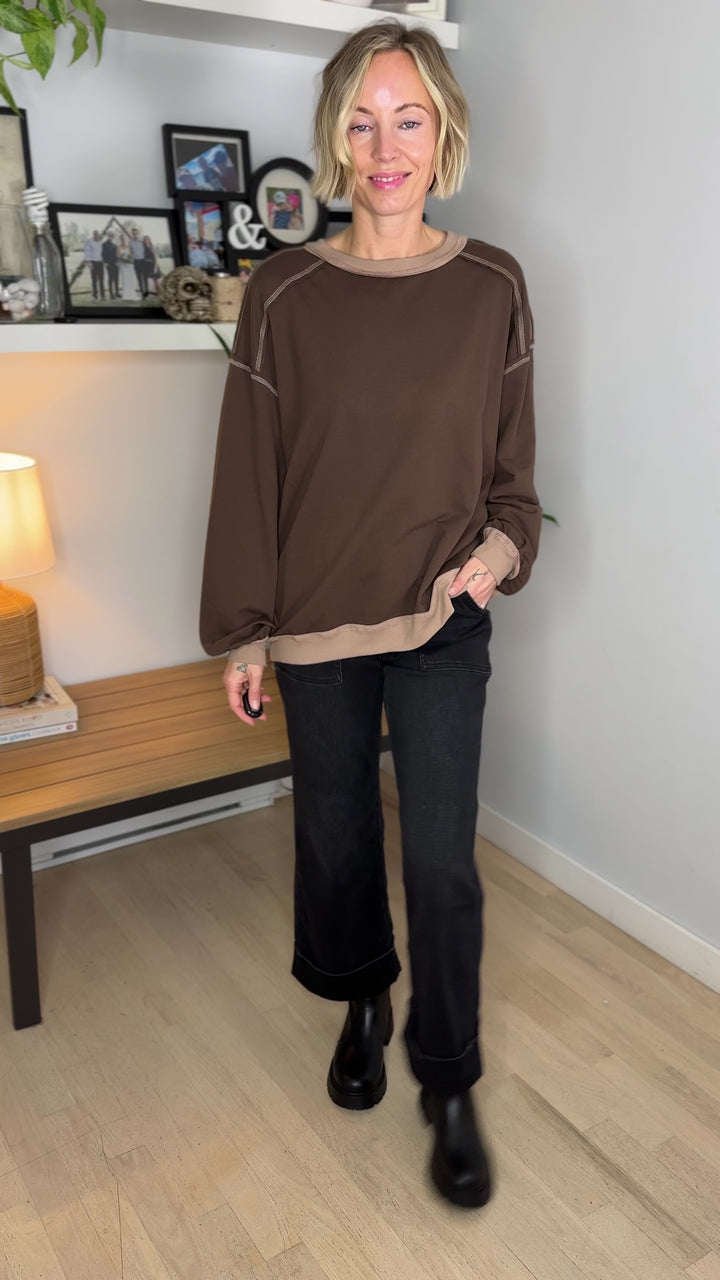 Palina Exposed Seam Contrast Trim Knit Top- CHOCOLATE BROWN