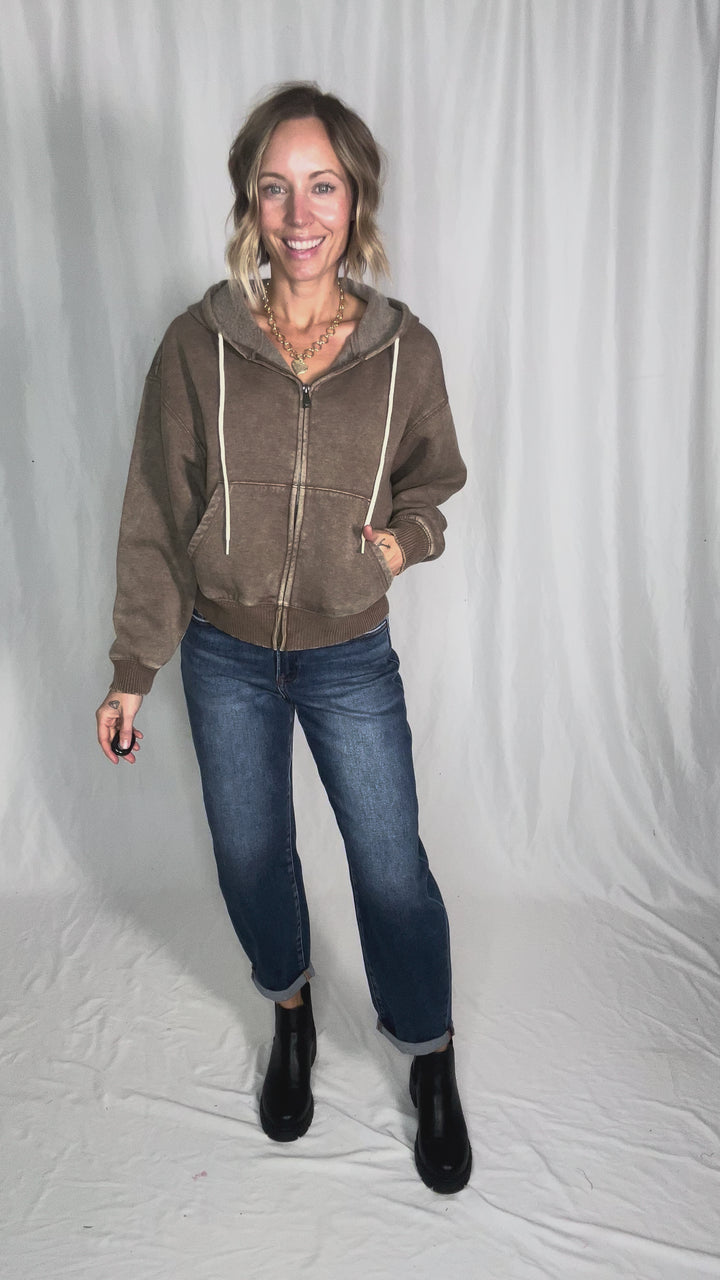 Muse Acid Wash Fleece Zip Up Hoodie- MOCHA