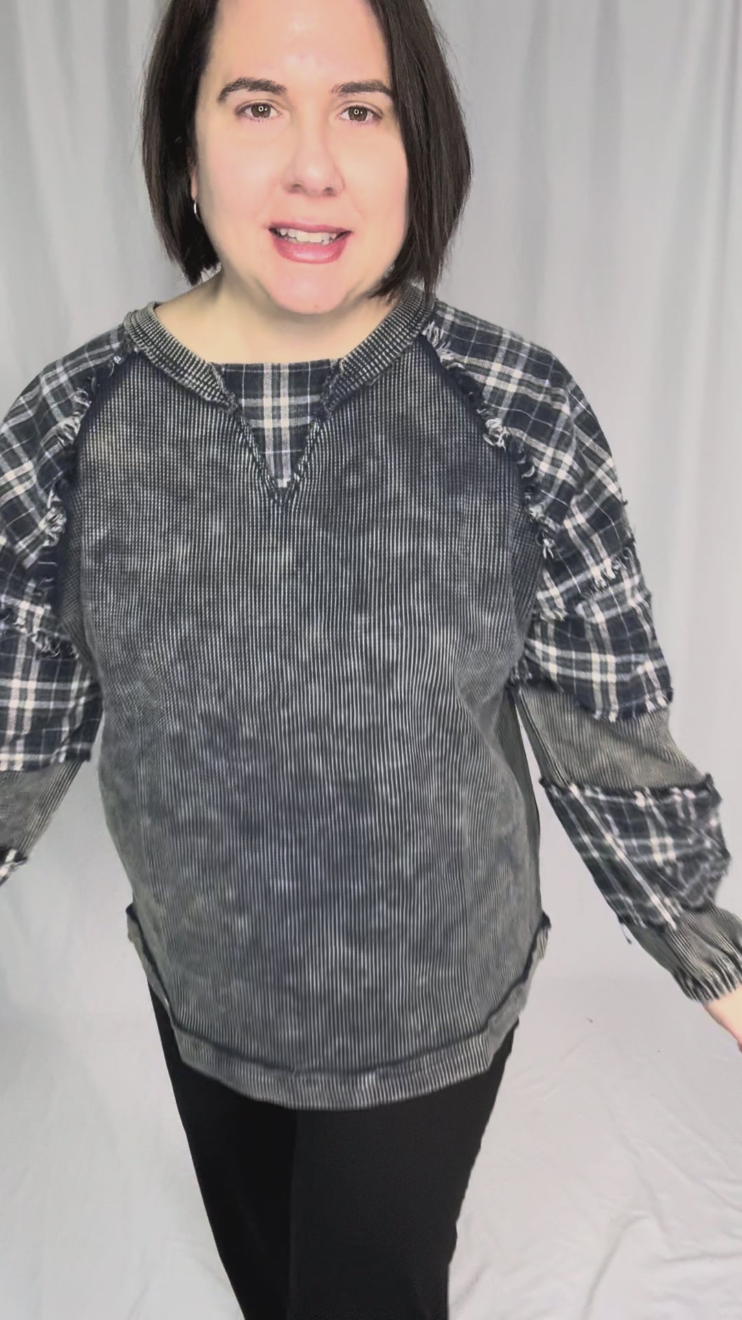 Sage Contrast Plaid Waffle Pullover- WASHED NAVY