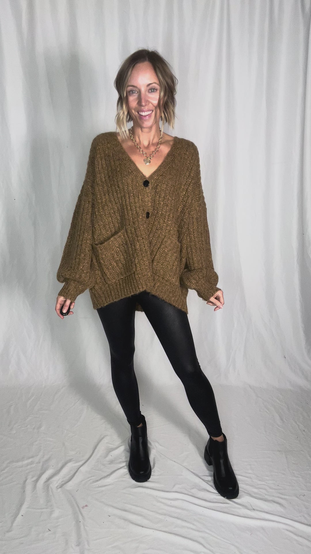 Monroe Oversized Button Sweater Cardigan- KHAKI