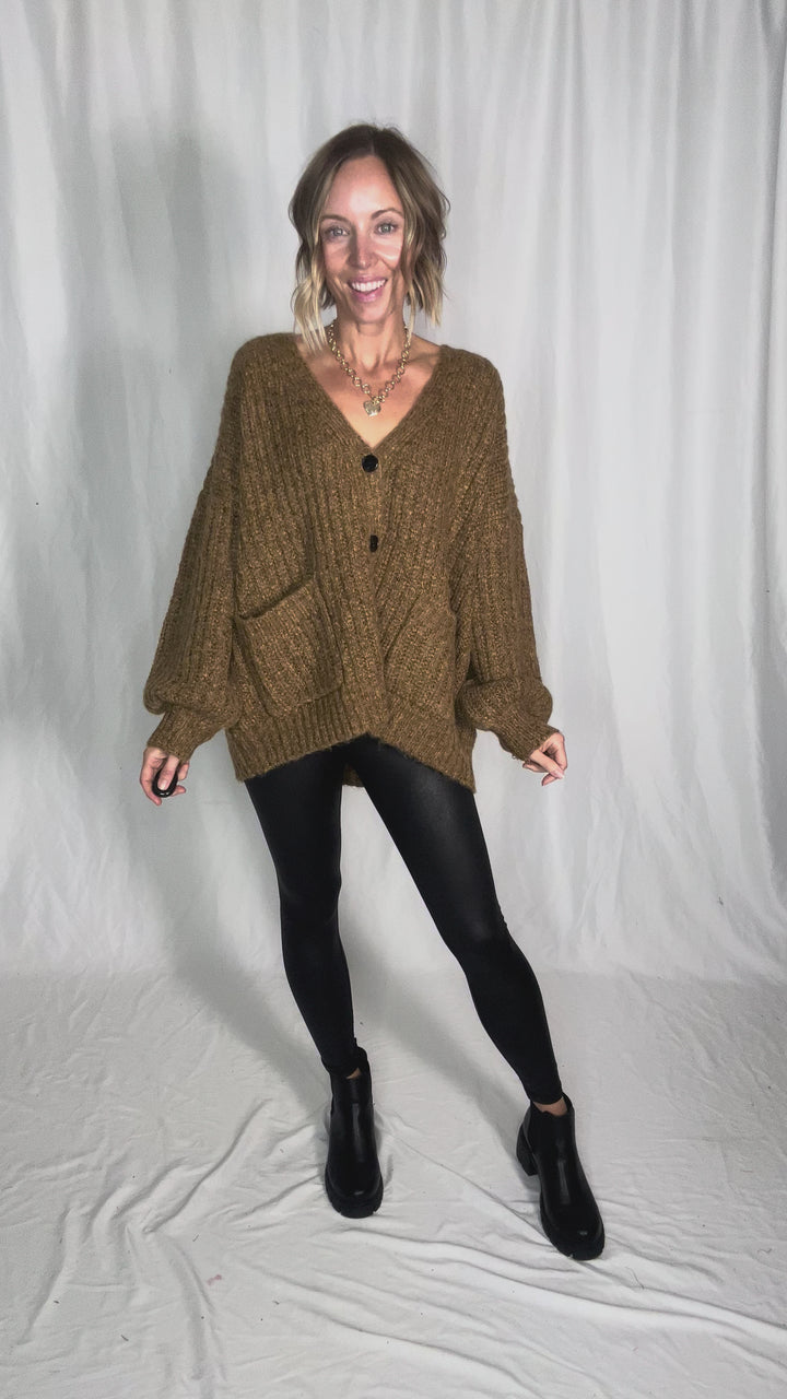 Monroe Oversized Button Sweater Cardigan- KHAKI