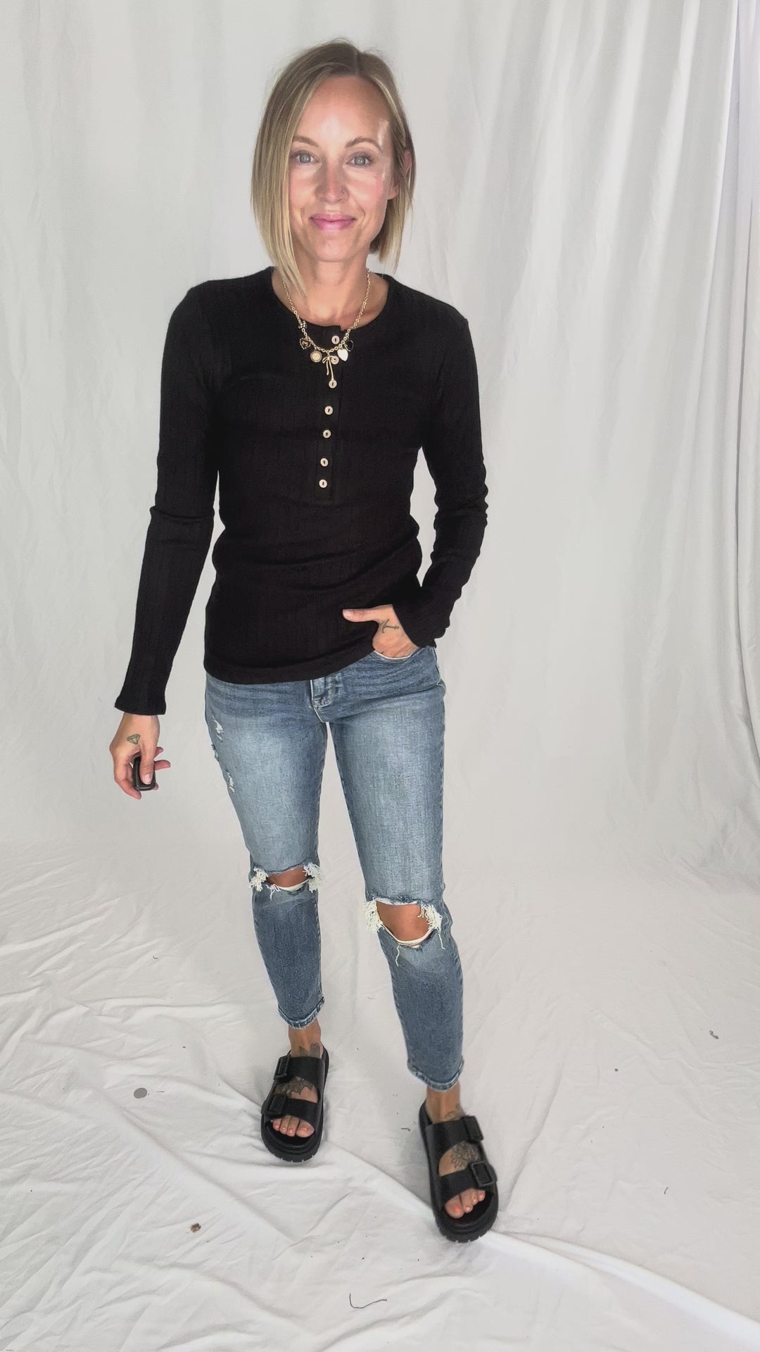 Rhonda Ribbed Long Sleeve Button Down Top- BLACK