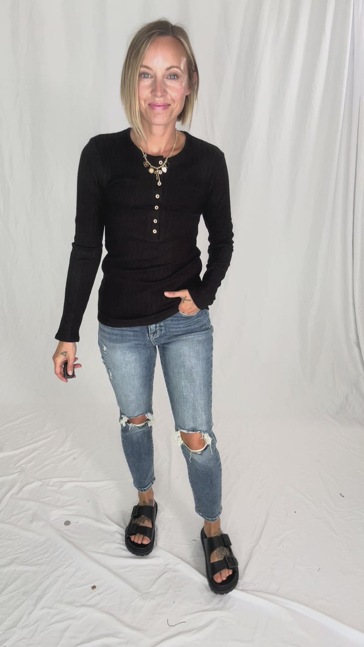 Rhonda Ribbed Long Sleeve Button Down Top- BLACK