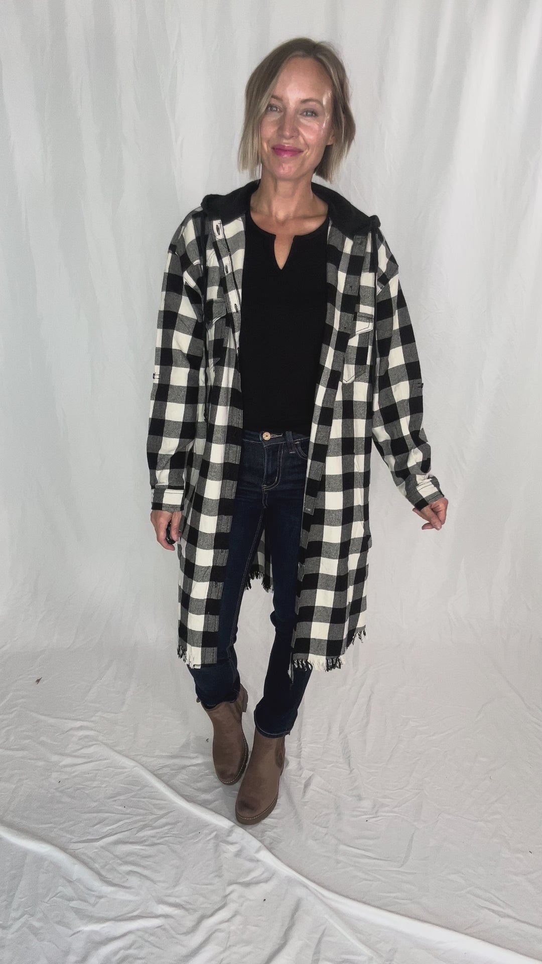 Falling Leaves Plaid Hoodie Jacket- WHITE/BLACK-FINAL SALE