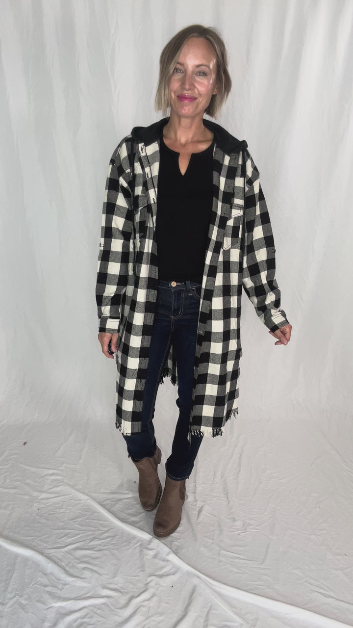 Falling Leaves Plaid Hoodie Jacket- WHITE/BLACK-FINAL SALE