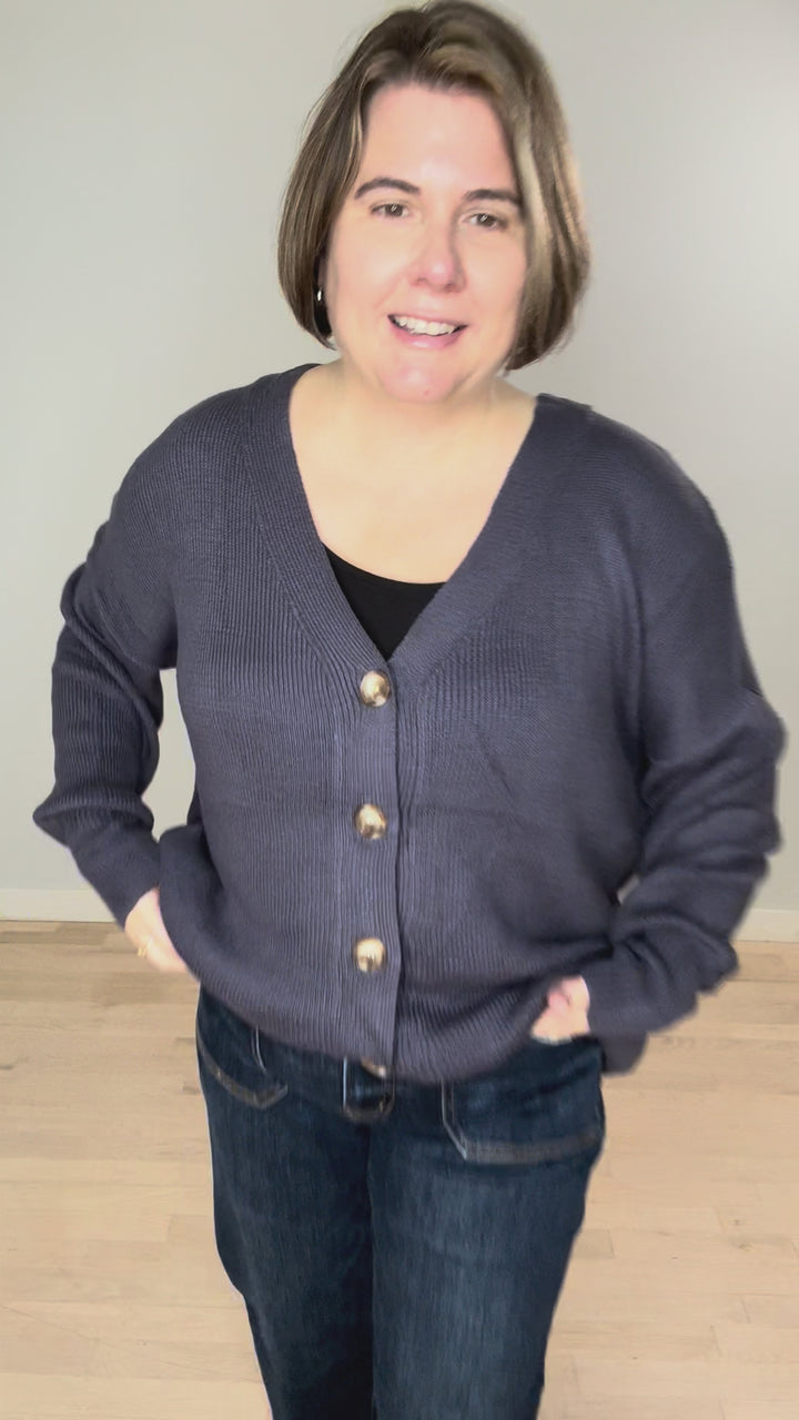 Oli Oversized Cotton Button Down Cardigan- GREY BLUE