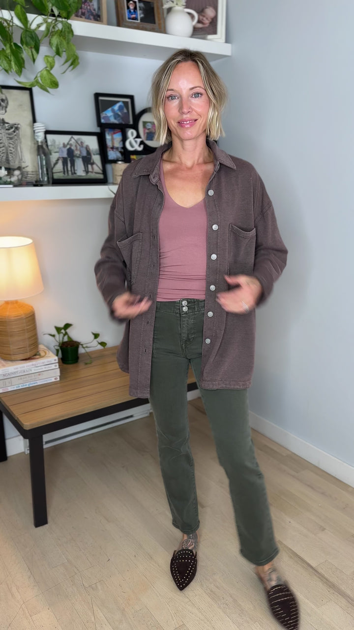 Darla Oversized Washed Soft Button  Shacket- BROWN