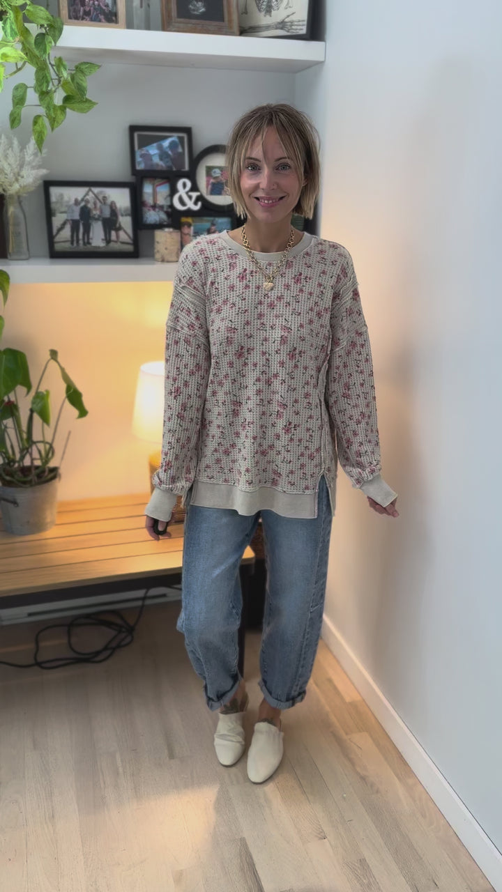 Sabrina Ditsy Floral Thermal Knit Pullover- STONE