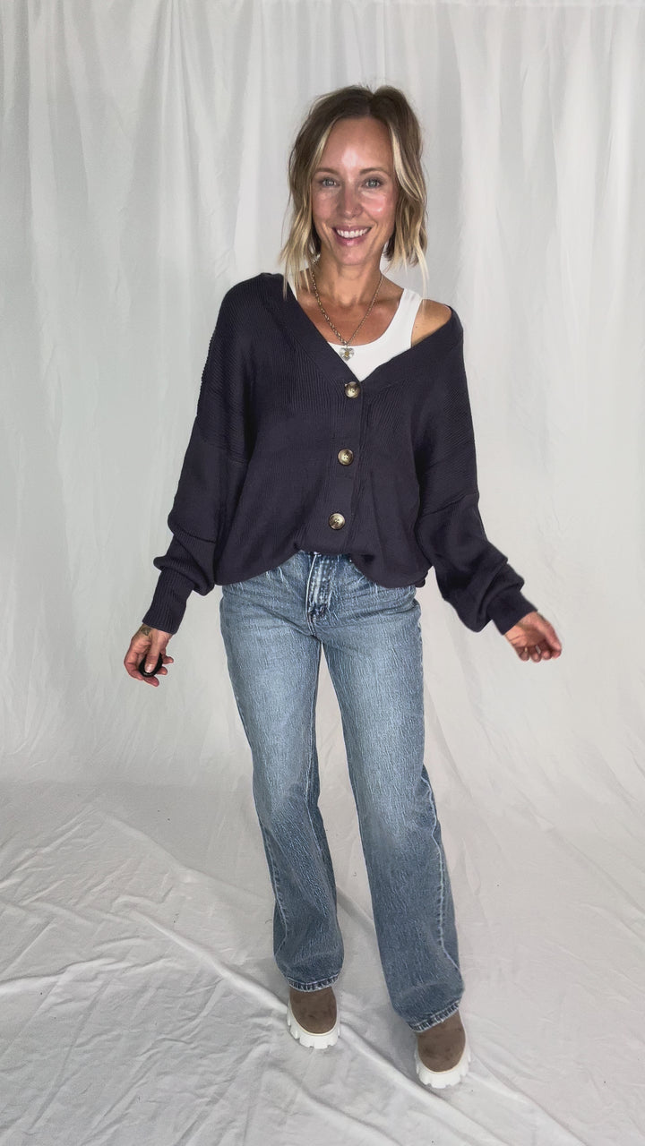 Oli Oversized Cotton Button Down Cardigan- GREY BLUE