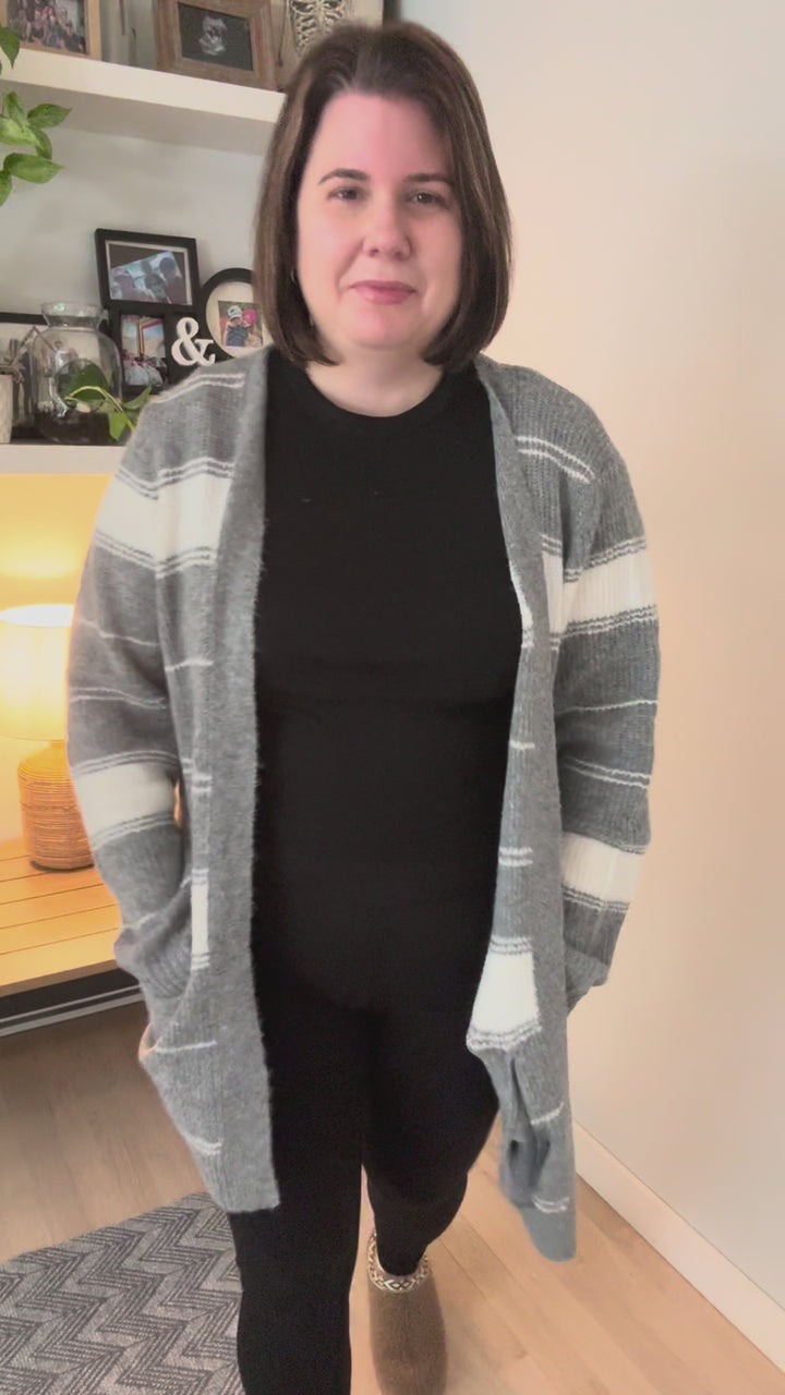 Anvil Striped Pocket Cardigan- CREAM/GREY