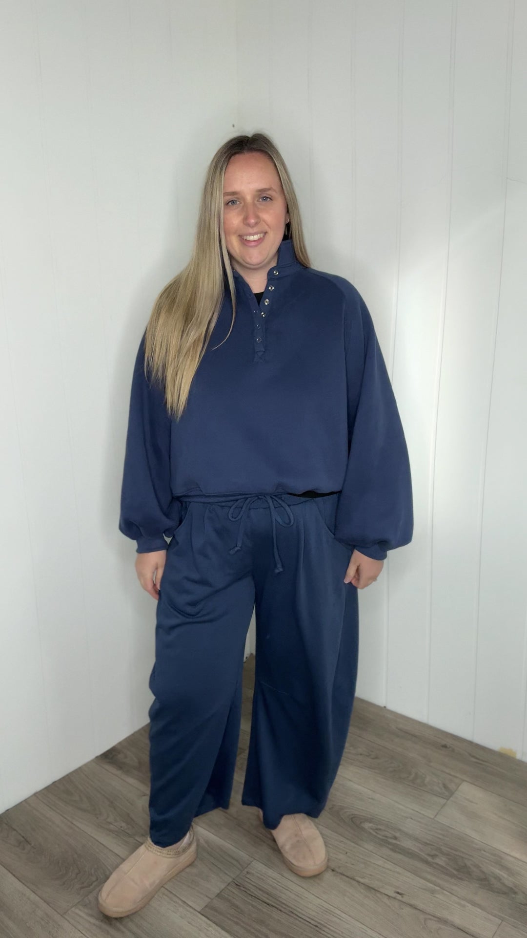 Ivory Fleece Snap Button Pullover- NAVY