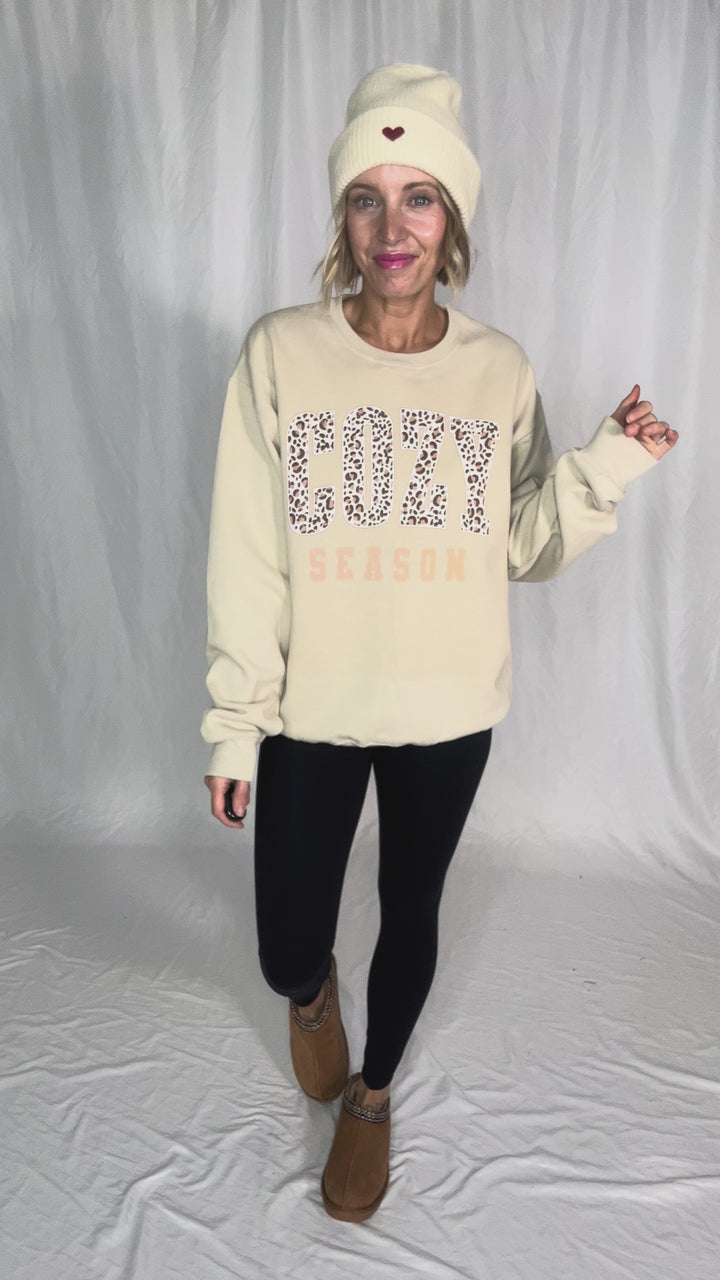Cozy Season Leopard Graphic Crewneck- OATMEAL