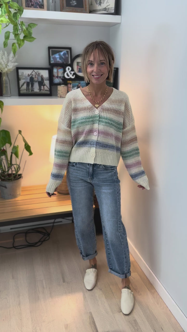 Hadley Multi Stripe Button Down Cardigan- CREAM MULTI