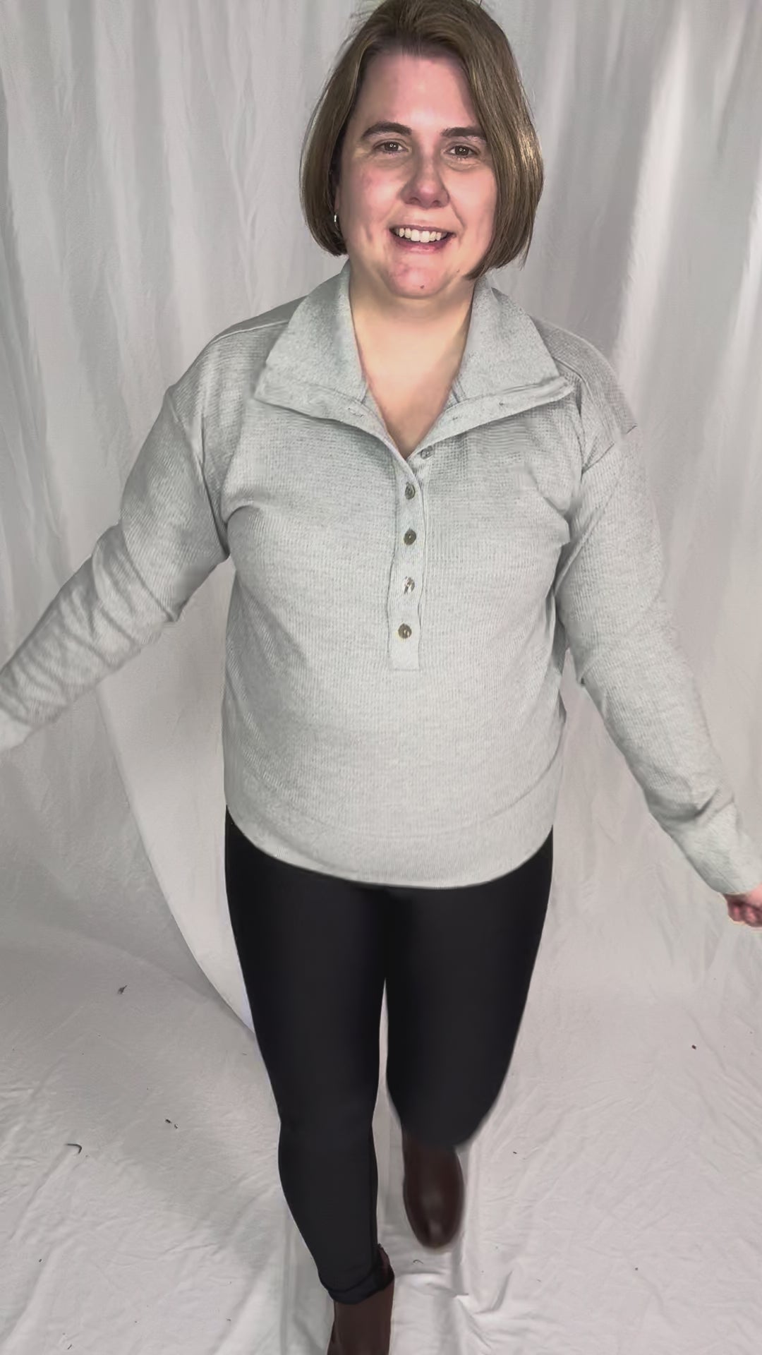 Mono B Nicola Harbor Waffle Knit Half Button Pullover- HEATHER GREY