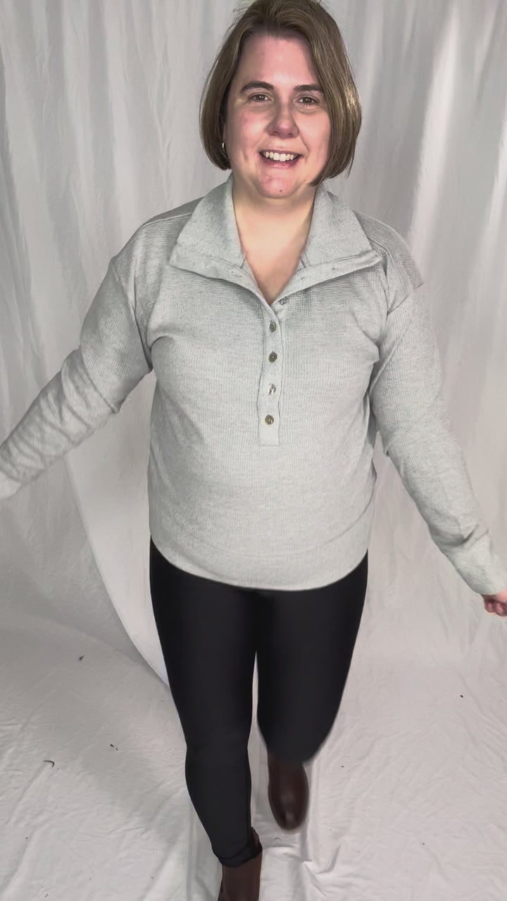 Mono B Nicola Harbor Waffle Knit Half Button Pullover- HEATHER GREY