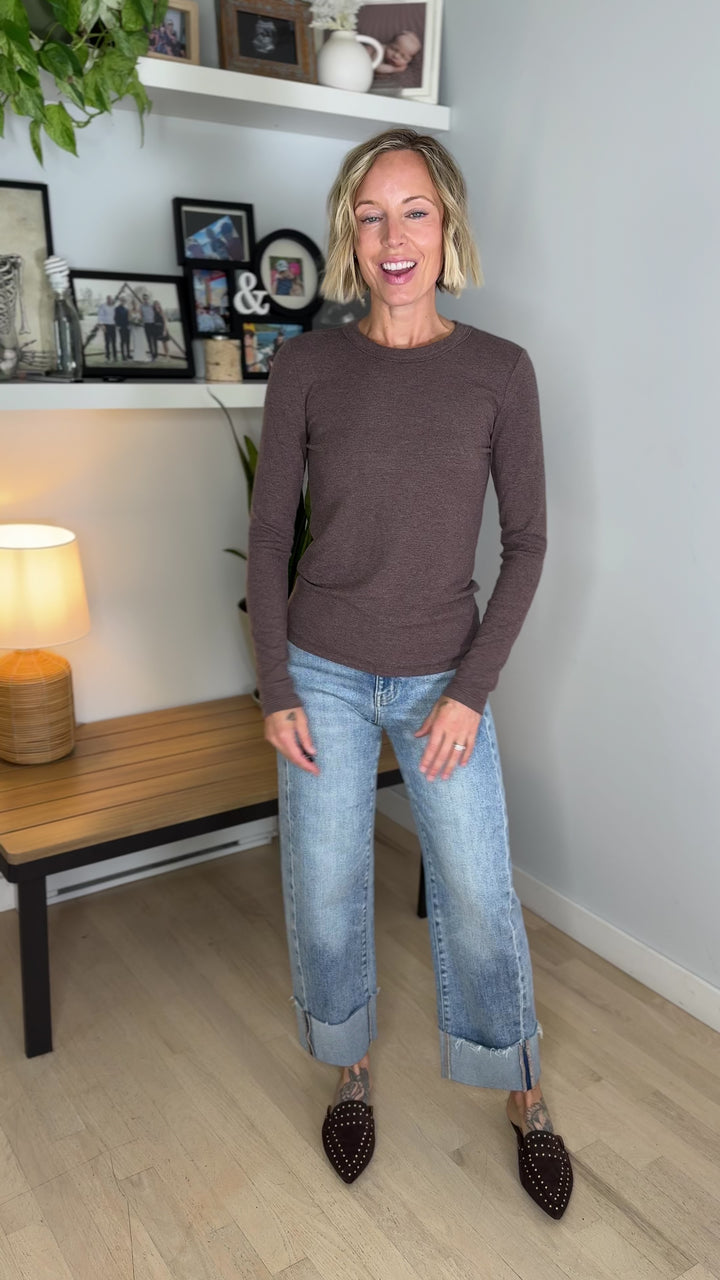Tansy Basic Crewneck Longsleeve Knit Top- WALNUT