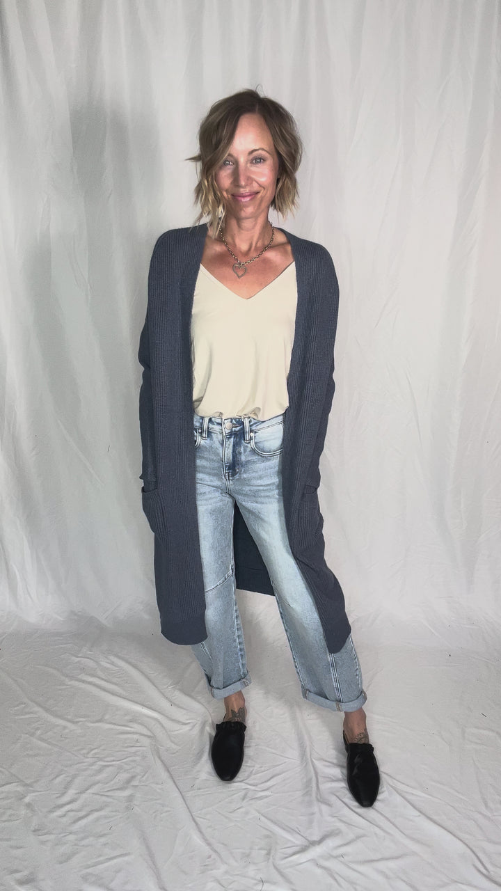Lisa Long Line Knit Cardigan- STEEL BLUE
