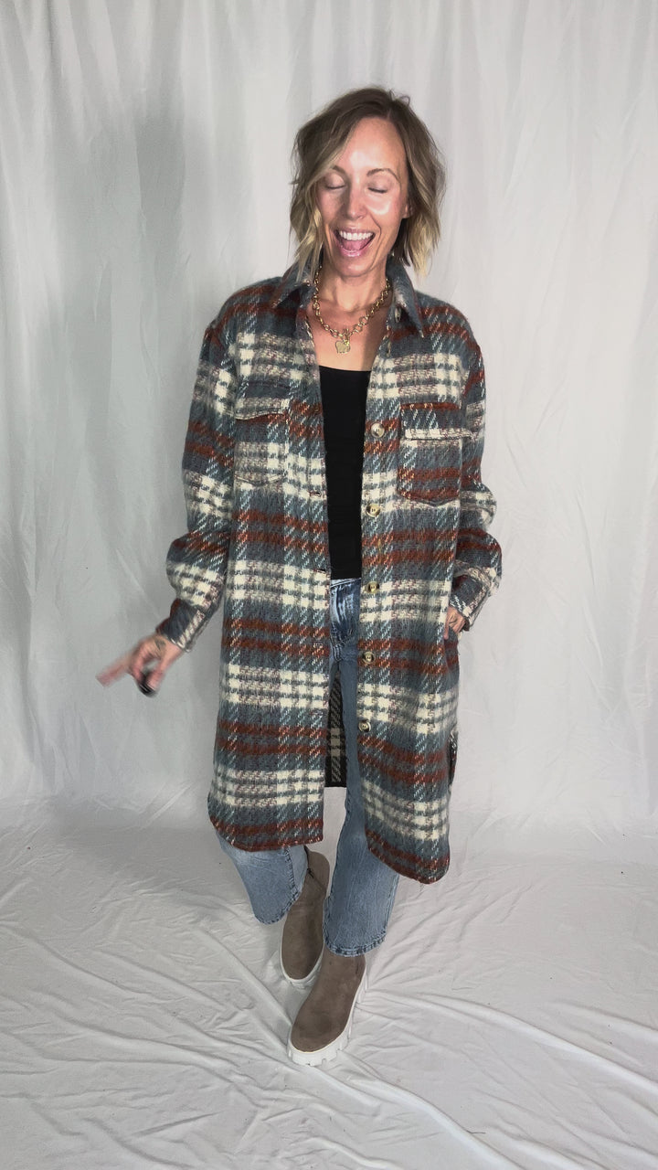 Arriane Button Down Long Plaid Coat- BLUE RUST
