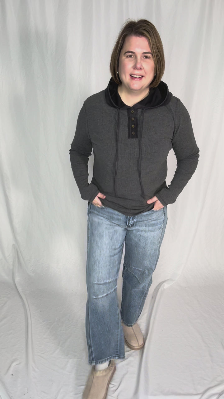 Gina Thermal Button Henley Hoodie- CHARCOAL