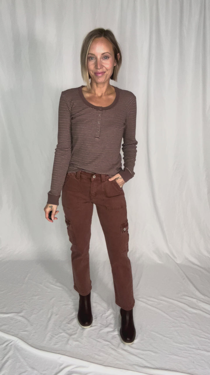 Maya Thermal Henley Top- BROWN