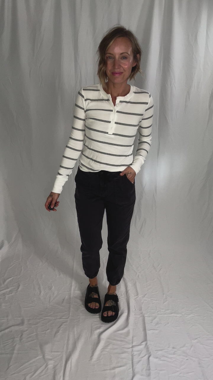 Chleo Classic Ribbed Striped Henley- HEATHER GREY