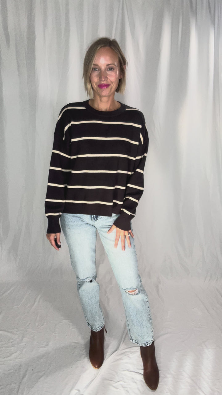 Fiora Striped Sweater With Drop Shoulder- CHARCOAL