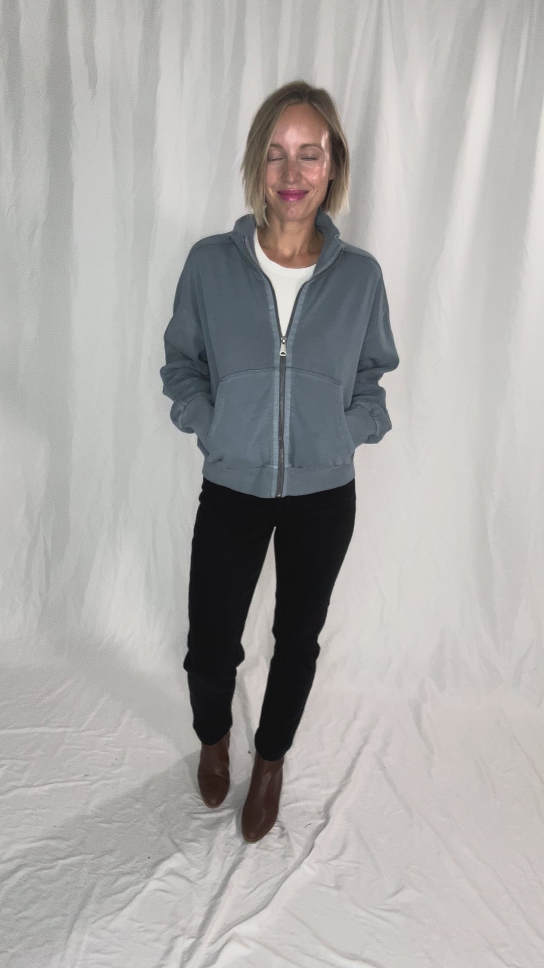 Adeline Cozy Acid Wash High Collar Full Zip- WASHED TEAL