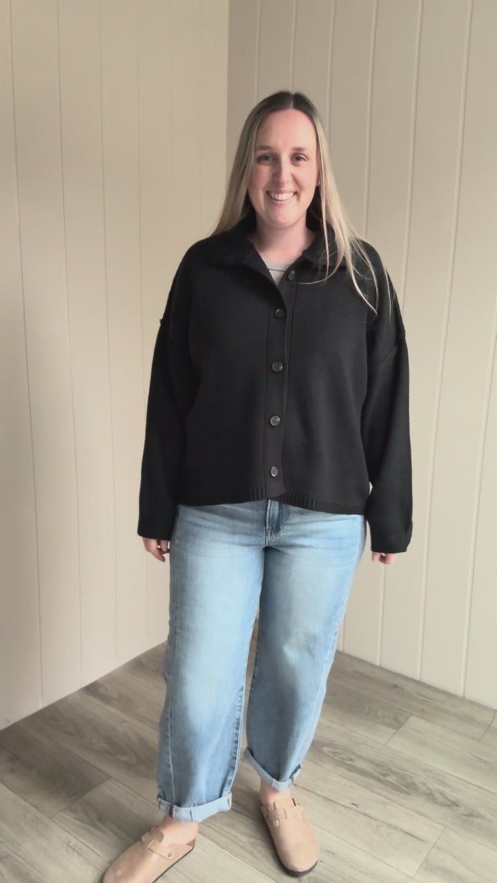 Hearthside Mockneck Knit Button Sweater- BLACK