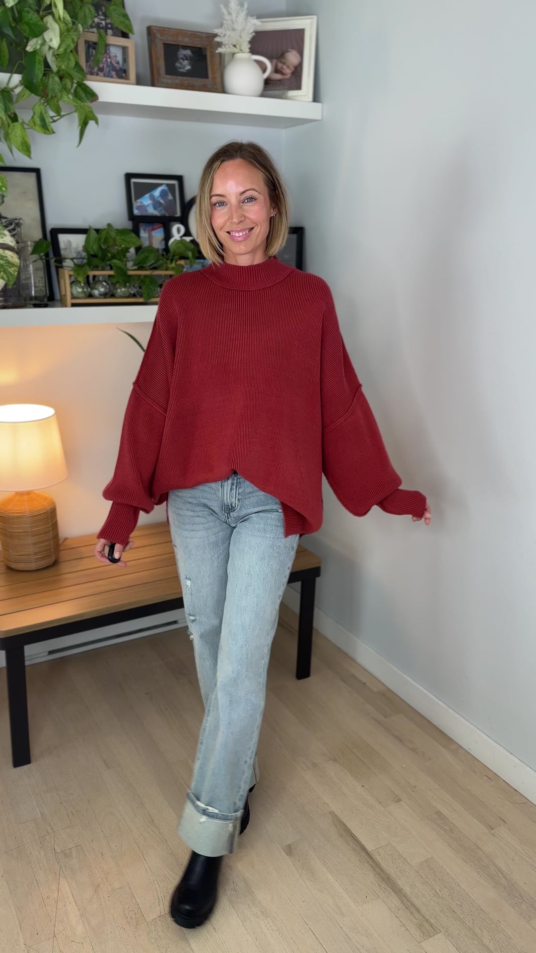 Frosted Pines Oversized Side Slit Sweater- RUST