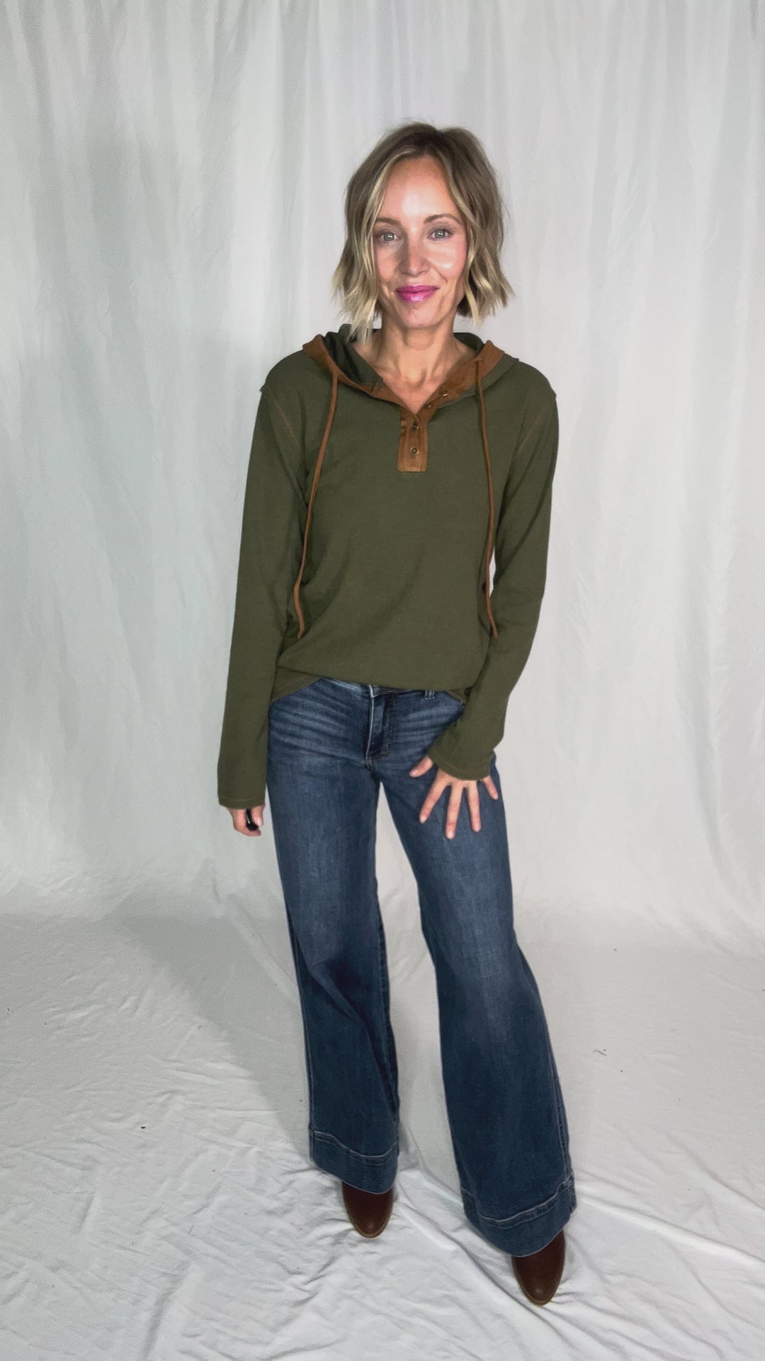 Gina Thermal Button Henley Hoodie- OLIVE