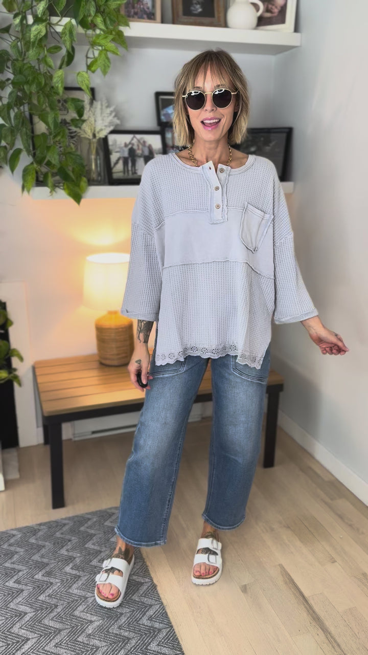 Penney 3/4 Sleeve Ribbed Pullover- BLUE GREY
