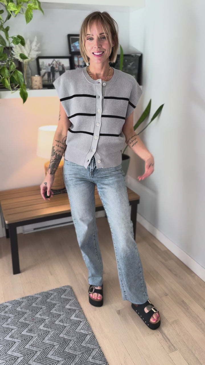 Rebbie Knit Button Down Short Sleeve Top- HEATHER GREY