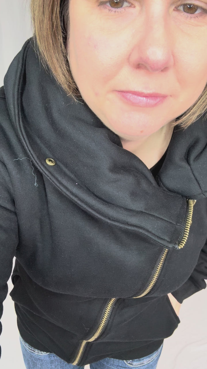 MICHELLE MAE Quinn Premium Cowl Neck Full Zip- BLACK