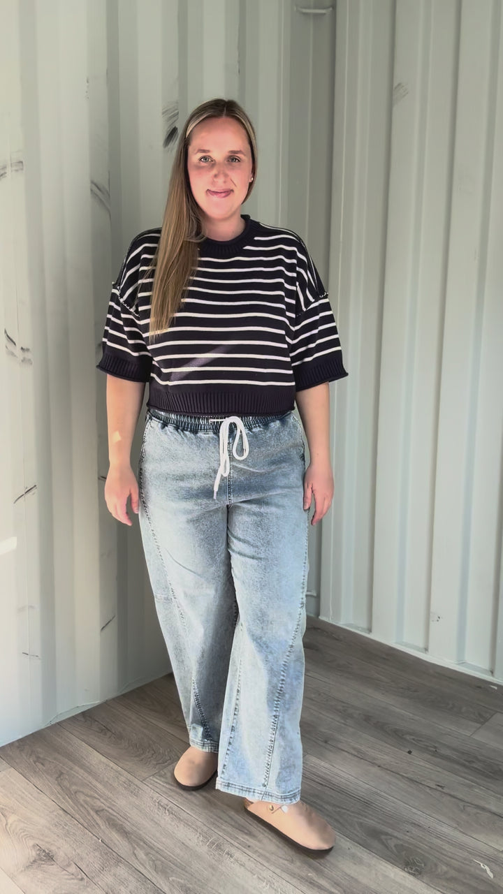 Darlene Stripe Drop Shoulder Short Sleeve Sweater- DARK NAVY-FINAL SALE