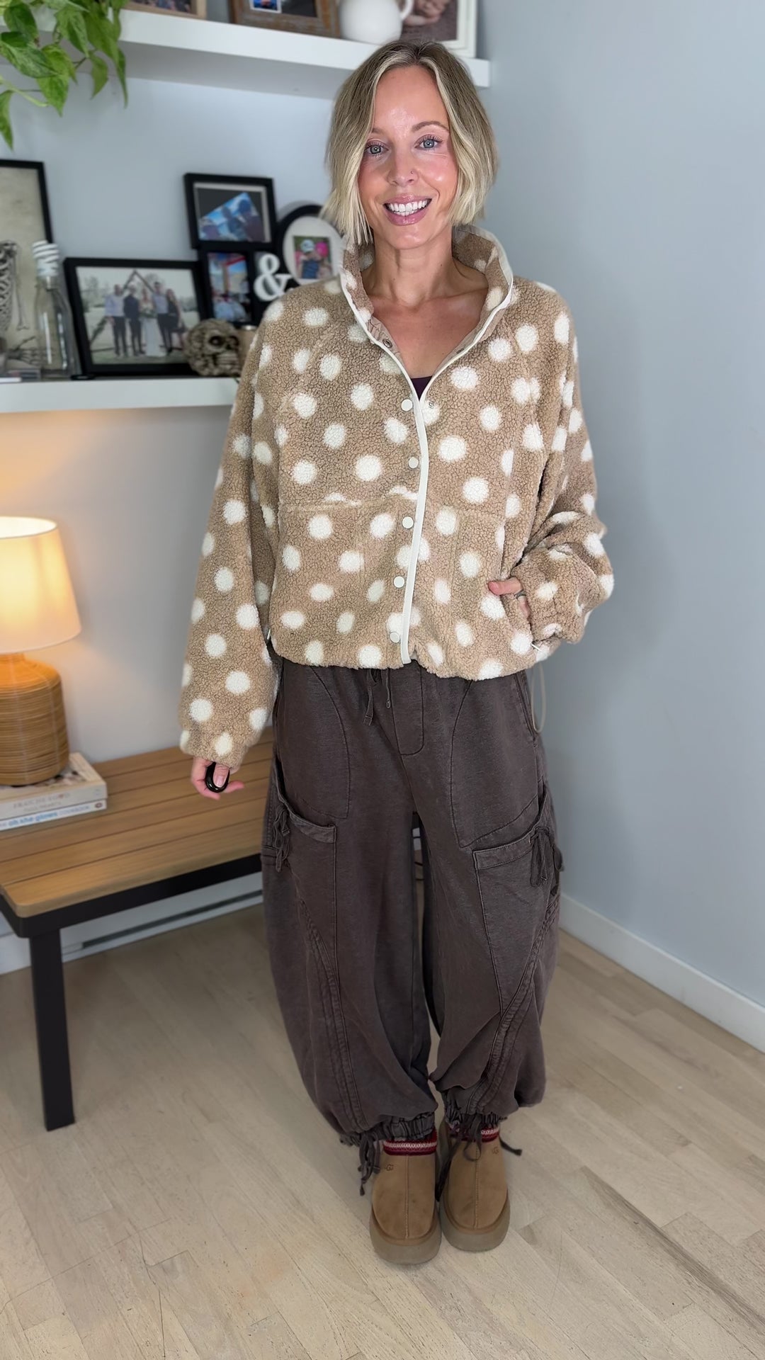 Karen Polka Dot Fleece Jacket- TAUPE/IVORY