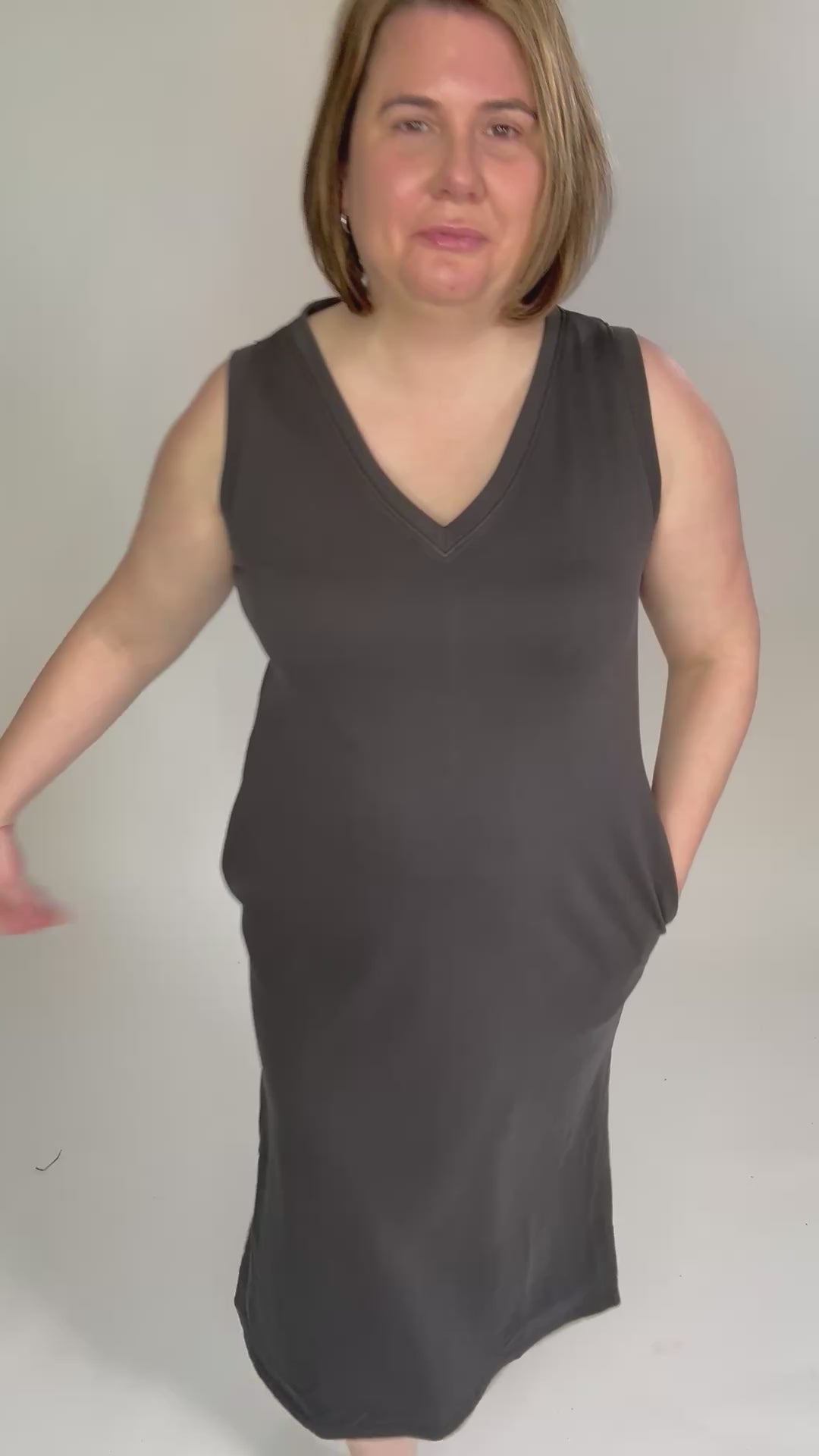 Briar V-Neck Midi Tank Dress- CHARCOAL-FINAL SALE