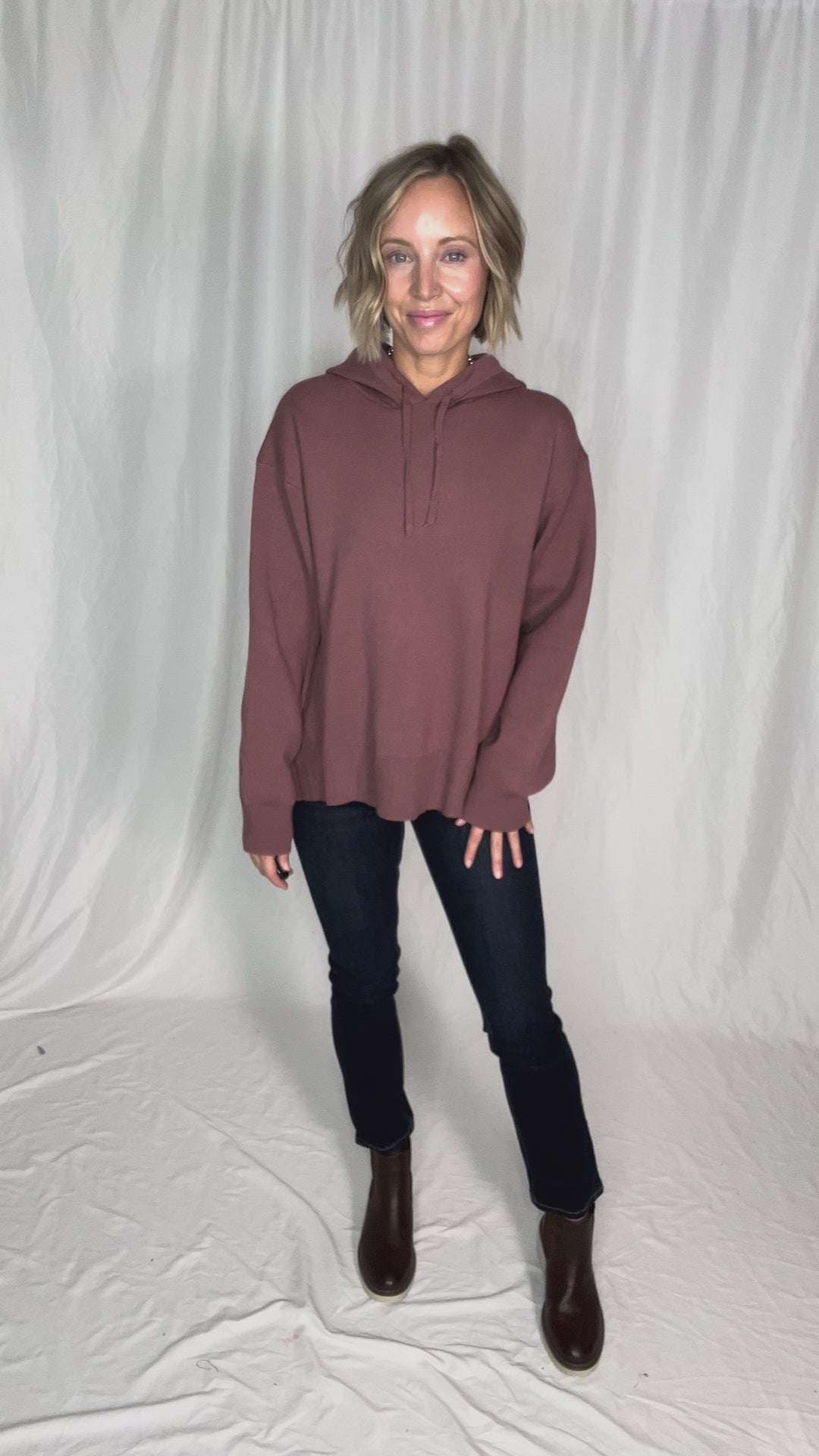Dahlia Hooded Sweater With Side Slits- RED BEAN