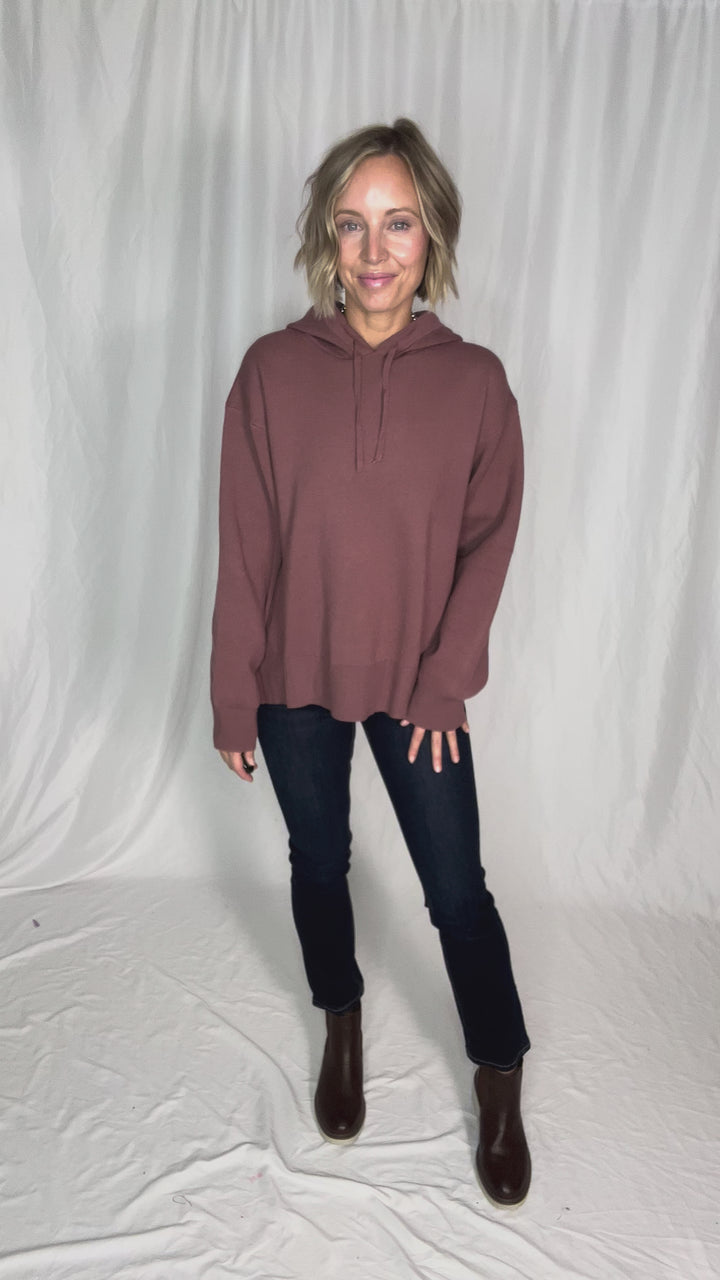 Dahlia Hooded Sweater With Side Slits- RED BEAN