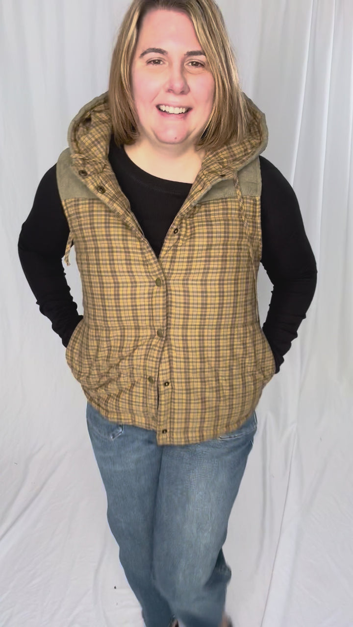 Larissa Corduroy Mixed Plaid Puffer Vest- MUSTARD