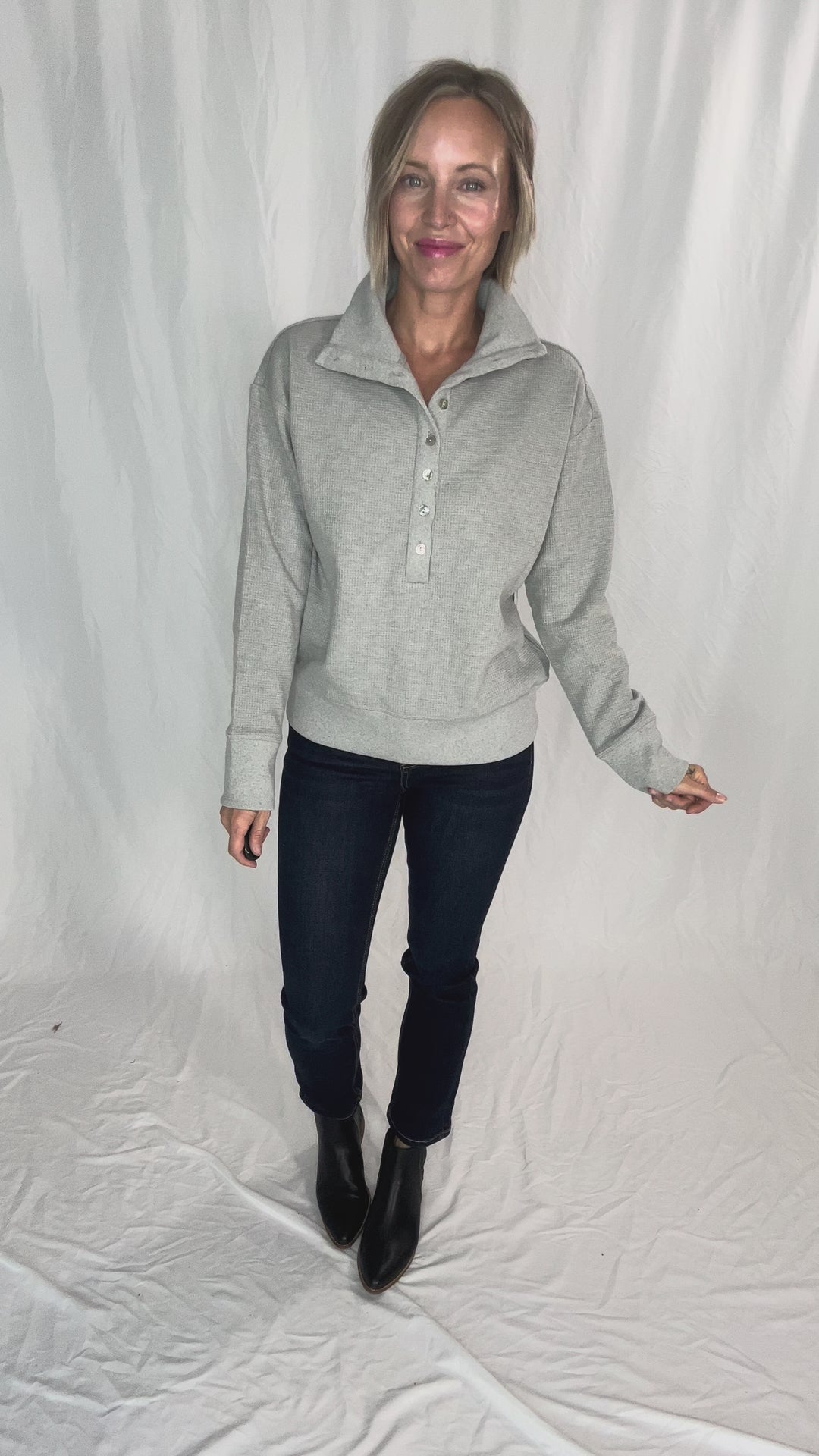 Mono B Nicola Harbor Waffle Knit Half Button Pullover- HEATHER GREY