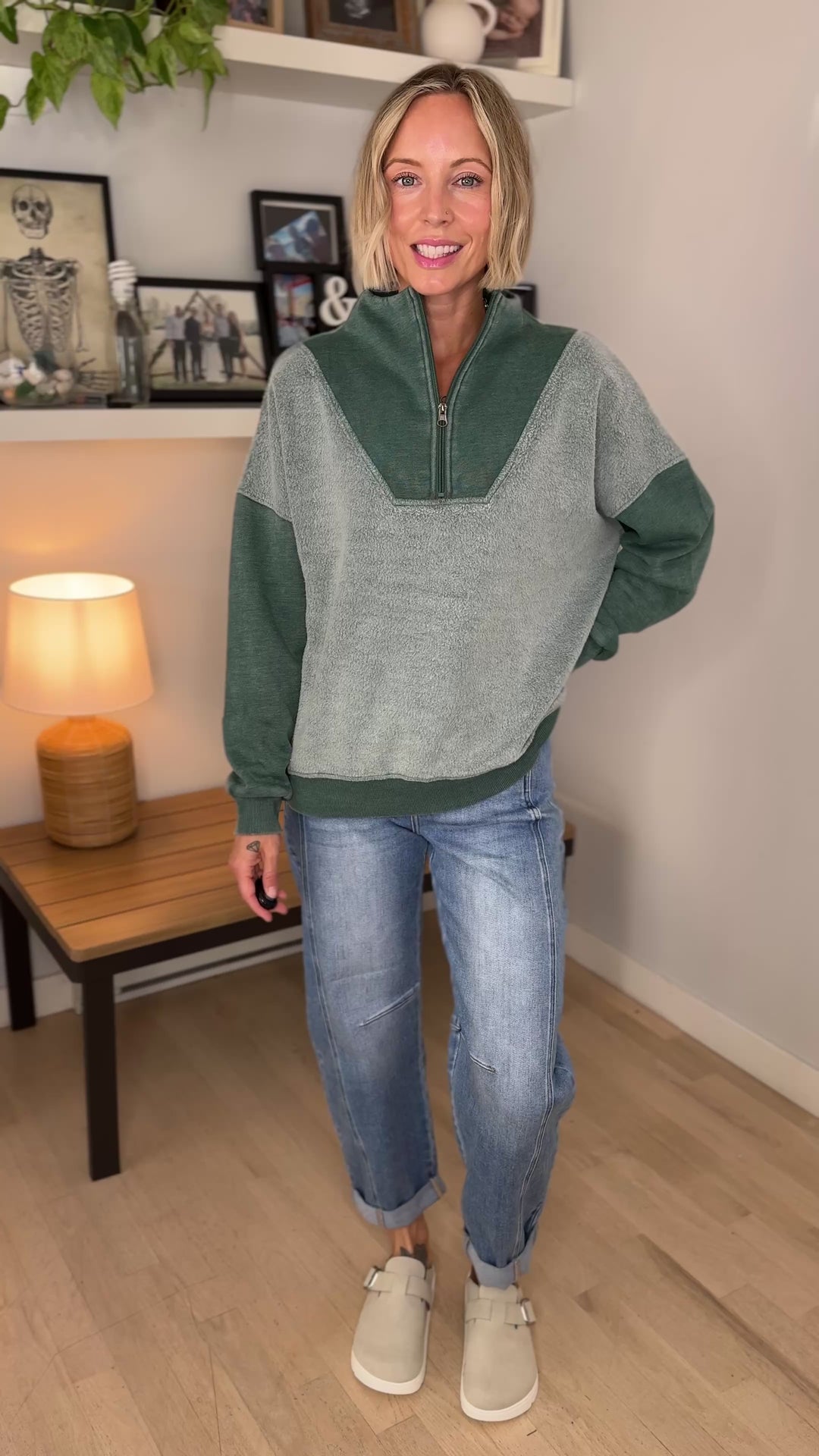 Jordana Mixed Fleece 1/4 Zip Sweatshirt- TEAL GREEN