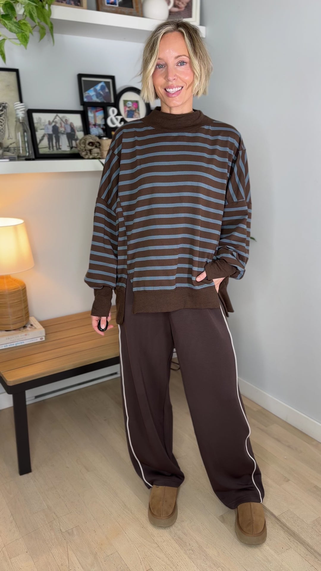 Juniper Mock Neck Stripe Pullover- BROWN/DEEP BLUE