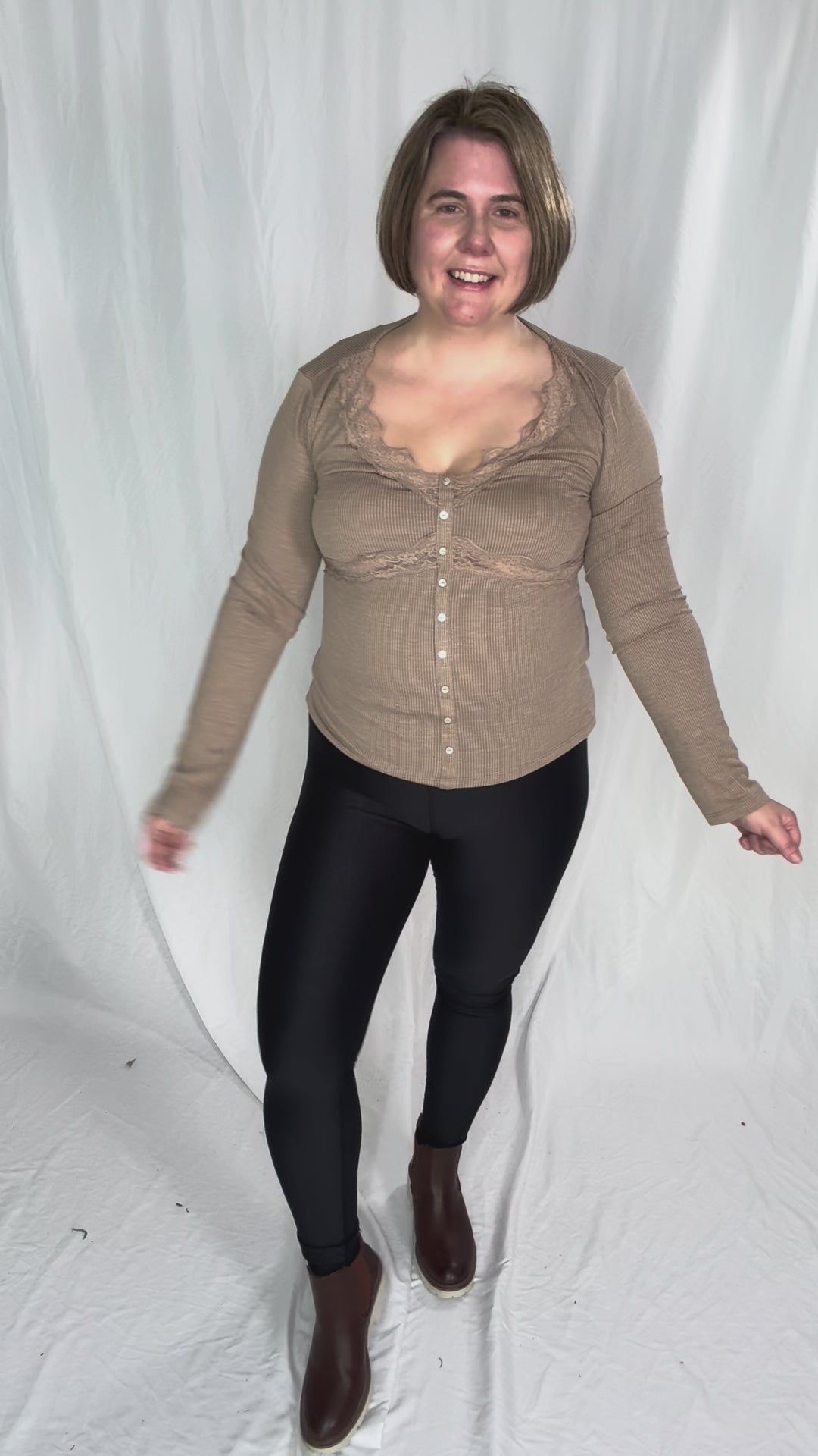 Darla Lace Trim Detail Long Sleeve Rib Top- MOCHA