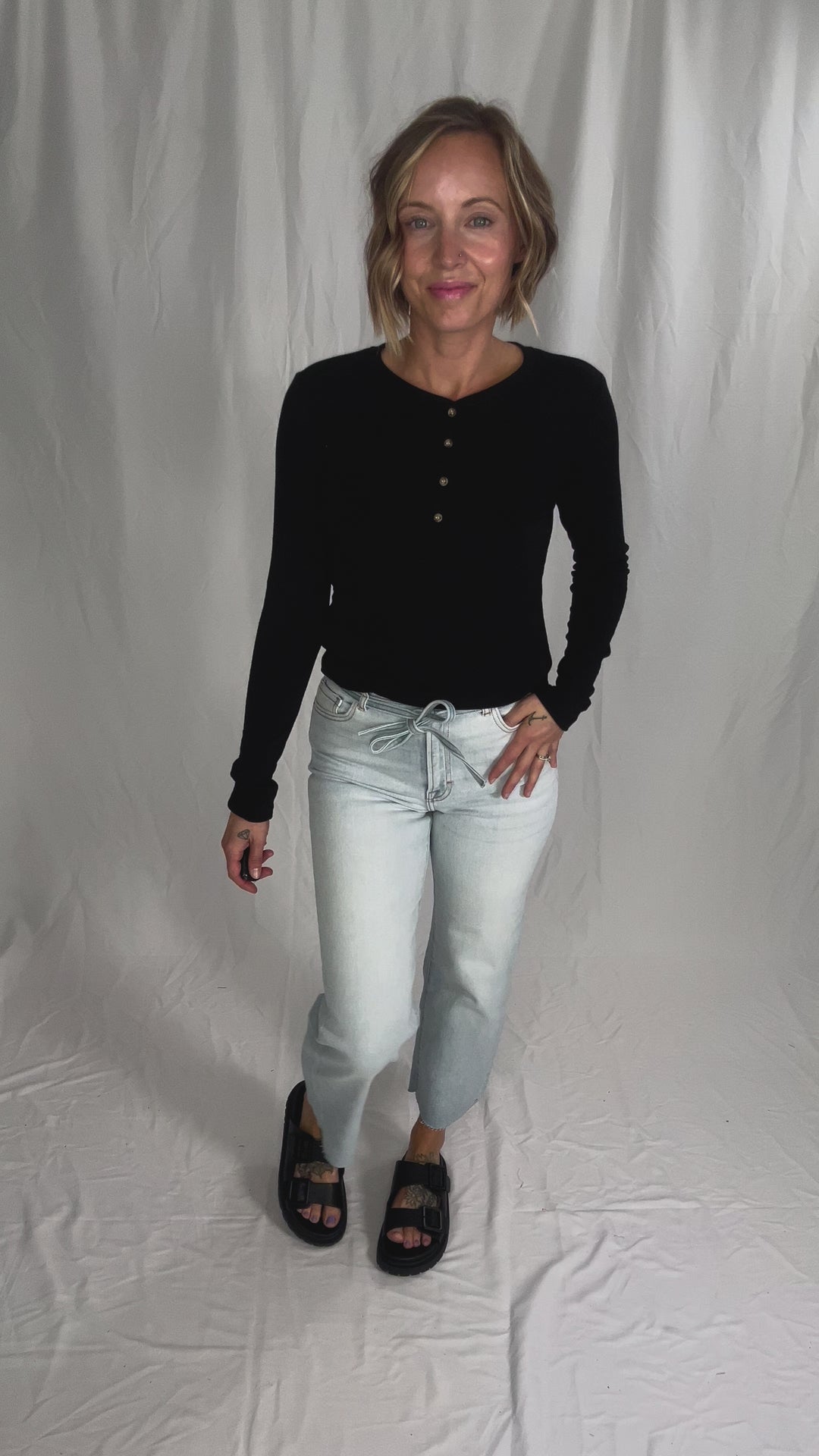 Macie Ultra Soft Long Sleeve Henley Top- BLACK